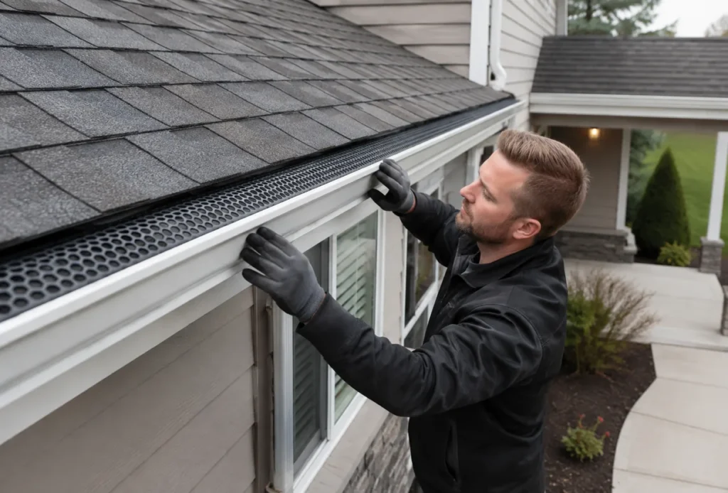 Gutter Guard Installation in Salt Lake City - UT in progress as a technician secures guards along eaves, Gutter Guard Installation in Orem - UT as a roofer secures guards along a front roofline above shrubs