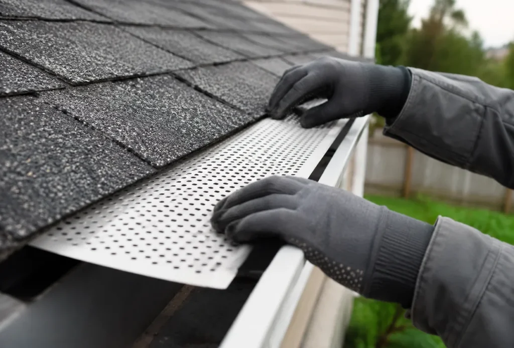 Technician performing gutter guard installation on a Salt Lake City - UT home near a debris-prone roof valley, Technician performing gutter guard installation on an Orem - UT home while inspecting roof-edge debris patterns