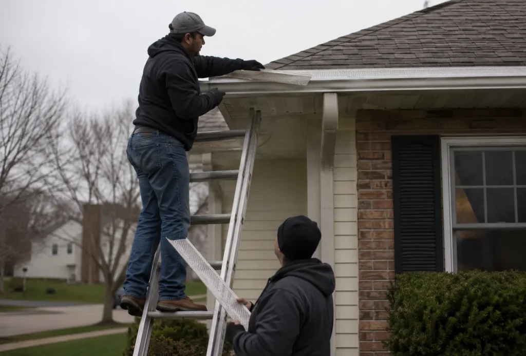 Gutter Guard Installation in West Valley City - UT underway as a technician aligns guards along a roof edge