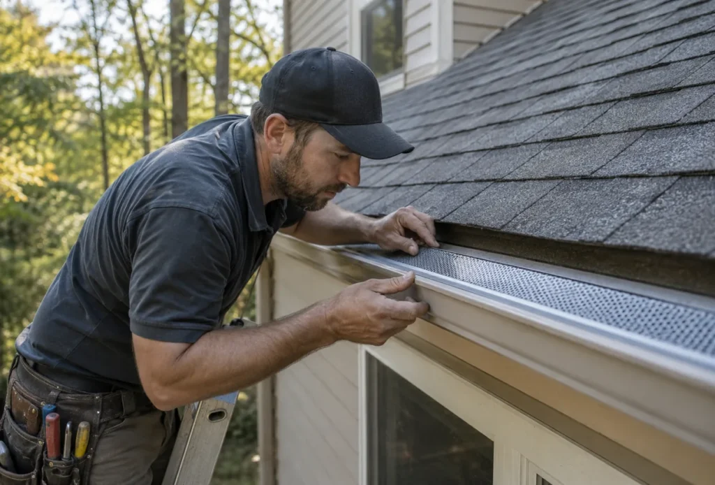 Installer performing gutter guard installation on a West Valley City - UT home while checking downspout flow