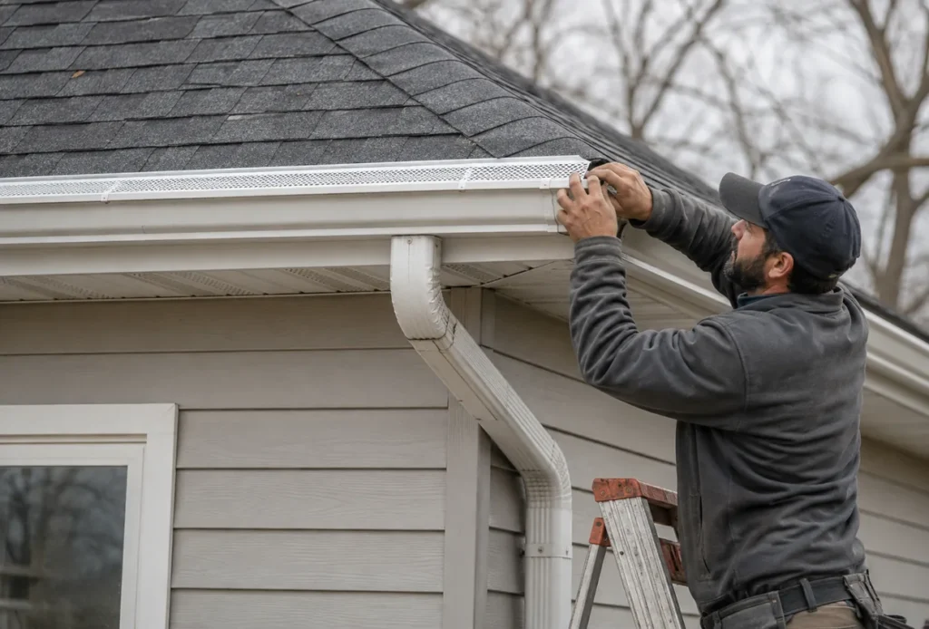 Gutter Guard Installation in West Jordan - UT as a technician secures guards along a second-story gutter run