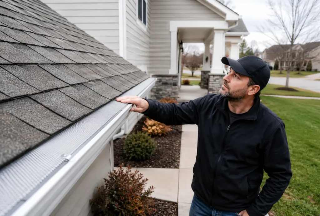 Technician performing gutter guard installation on a West Jordan - UT roof while inspecting downspout drainage