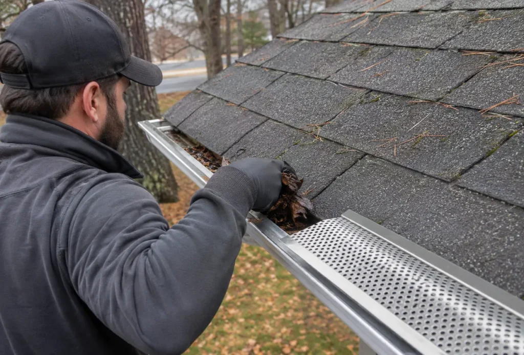 Gutter Guard Installation in Sandy - UT as a roofer aligns metal guards along a steep residential gutter