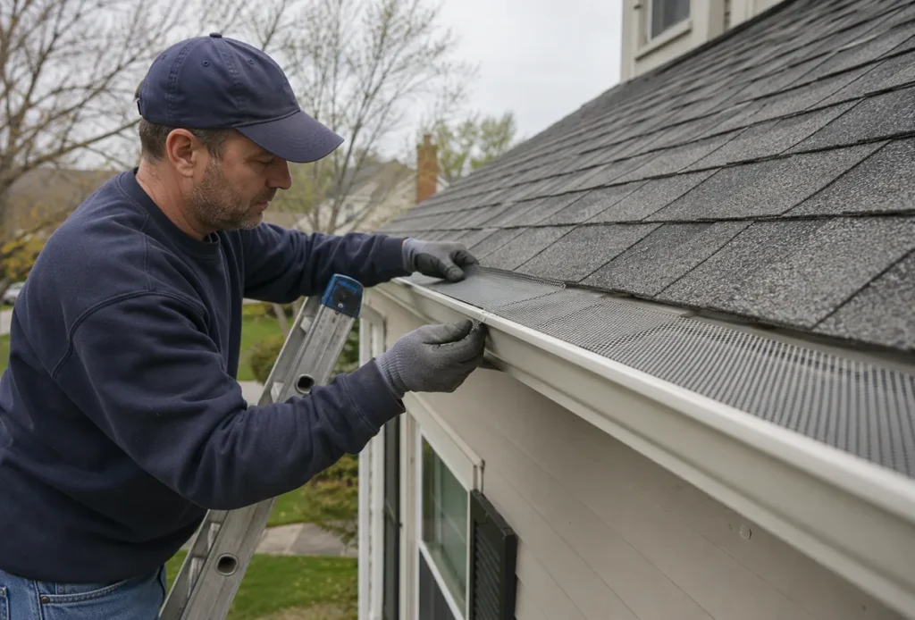 Crew performing gutter guard installation on a Sandy - UT home while checking runoff near the downspout