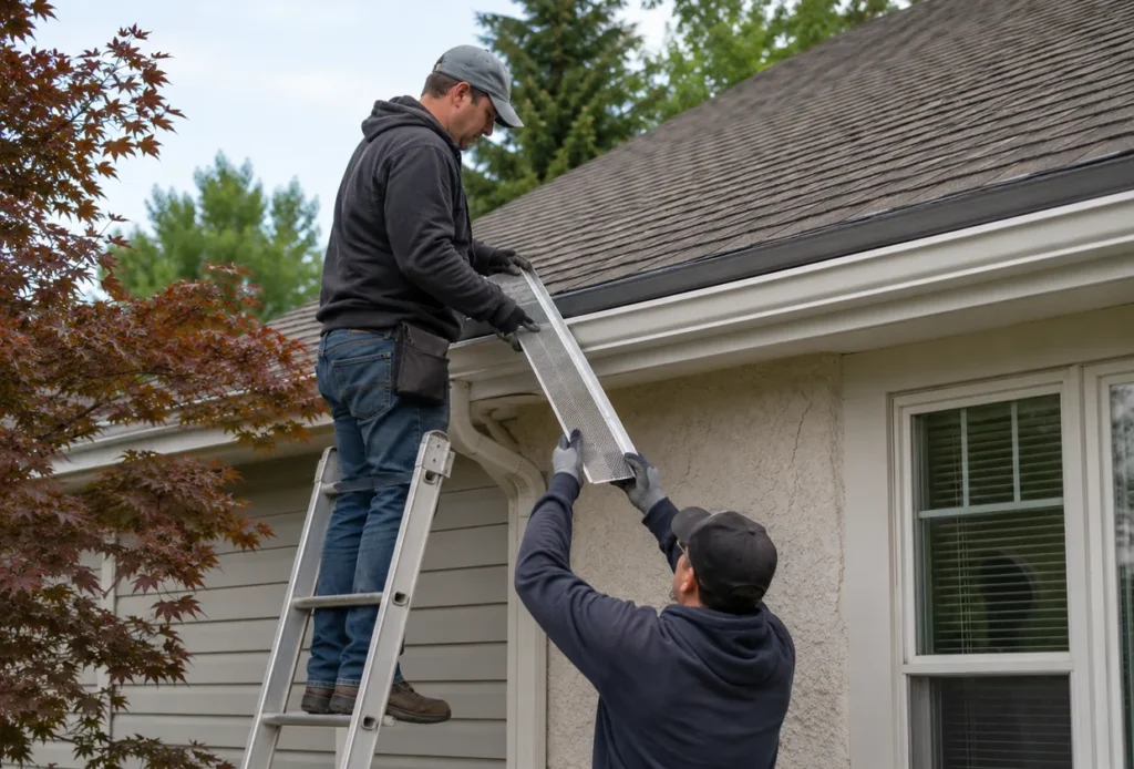 Gutter Guard Installation in South Jordan - UT as a technician secures guards along a backyard roof edge