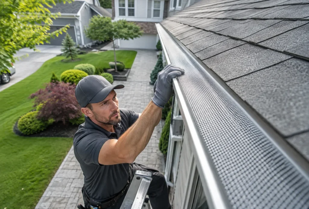 Technician performing gutter guard installation on a South Jordan - UT roof while inspecting runoff at the corner