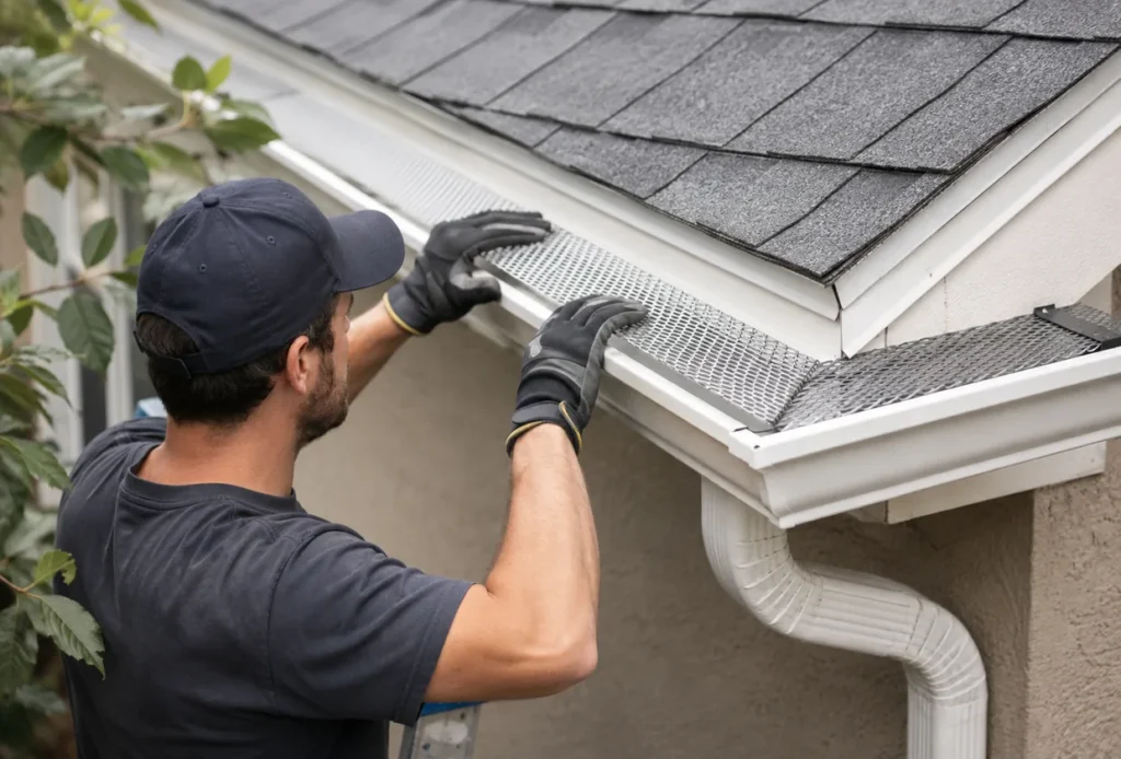 Roofing specialist performing gutter guard installation on a Provo - UT home while checking downspout water flow