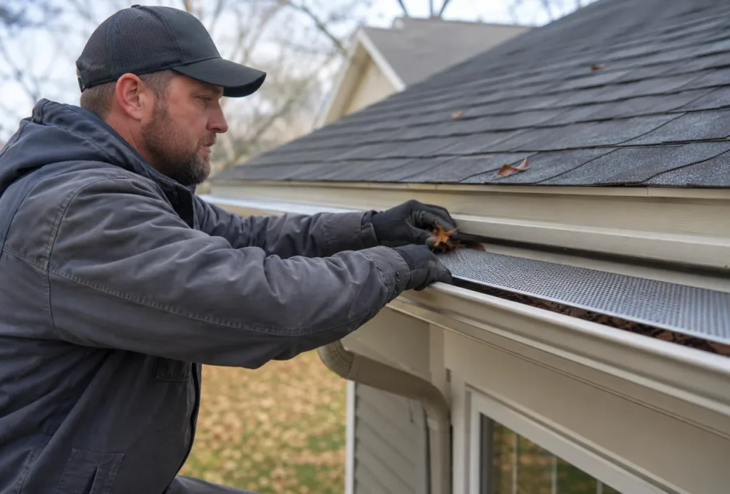 Gutter Guard Installation in Provo - UT as a technician aligns metal guards along a second-story gutter