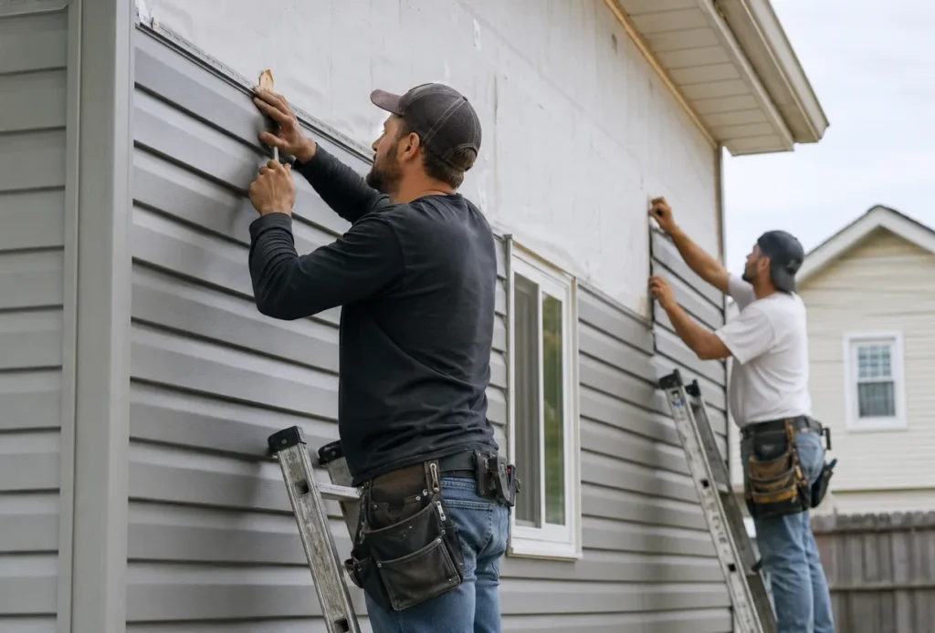Siding Installation in Salt Lake City - UT in progress as a crew secures new wall panels around windows, Siding Installation in Provo - UT in progress as a crew secures new panels along a gable wall