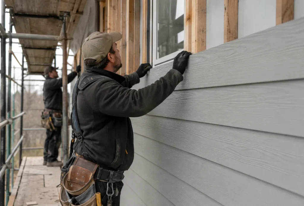 Crew inspecting siding installation lines on a Salt Lake City - UT home before fastening trim pieces, Technicians handling siding installation on a Provo - UT residence while checking wall lines and trim fit