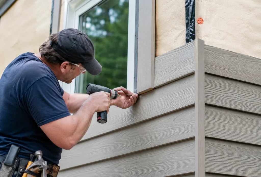 Siding Installation in West Valley City - UT underway as installers align panels and trim on a two-story home, Siding Installation in Orem - UT underway as installers align new exterior panels beside front windows