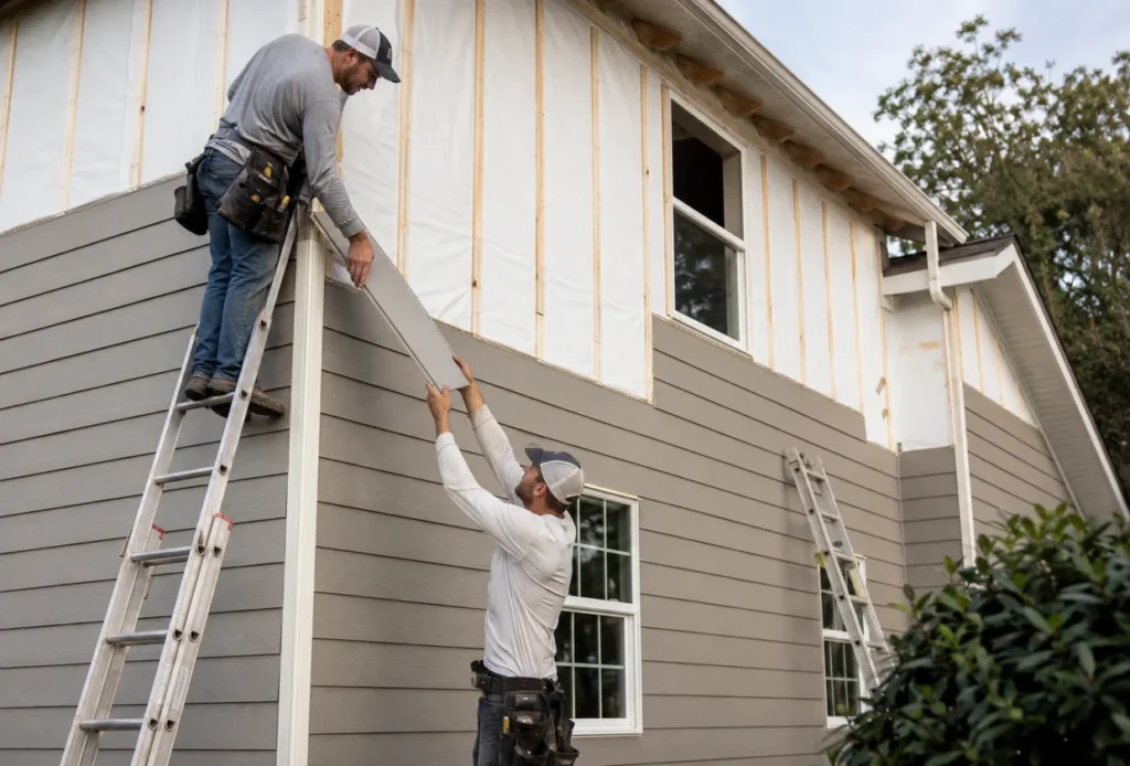 Installer checking siding installation alignment on a West Valley City - UT exterior wall near window trim, Crew performing siding installation on an Orem - UT home while checking panel spacing and weather barrier placement