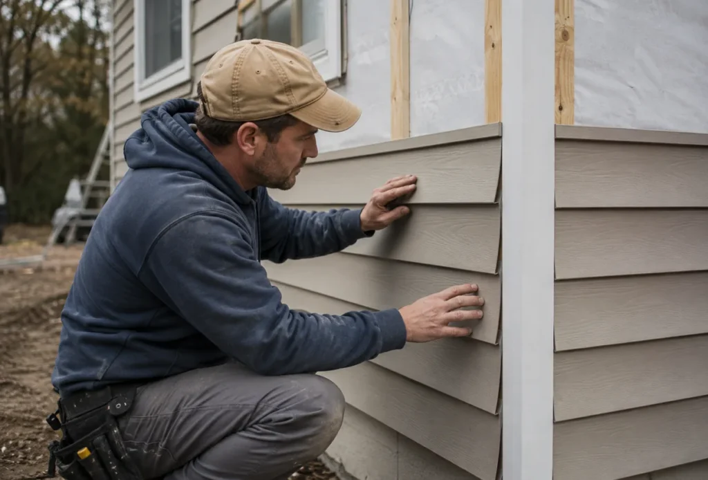 Siding Installation in West Jordan - UT crew fastening exterior panels beside trimmed windows on a suburban home, Siding Installation in Lehi - UT in progress as a crew secures panels along a home's exterior wall
