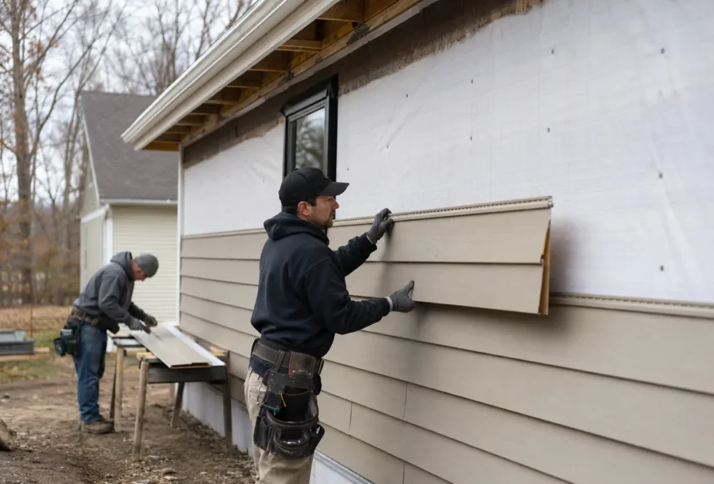Contractor inspecting siding installation details on a West Jordan - UT home near corner trim and window flashing, Installer performing siding installation on a Lehi - UT residence while checking alignment near window trim