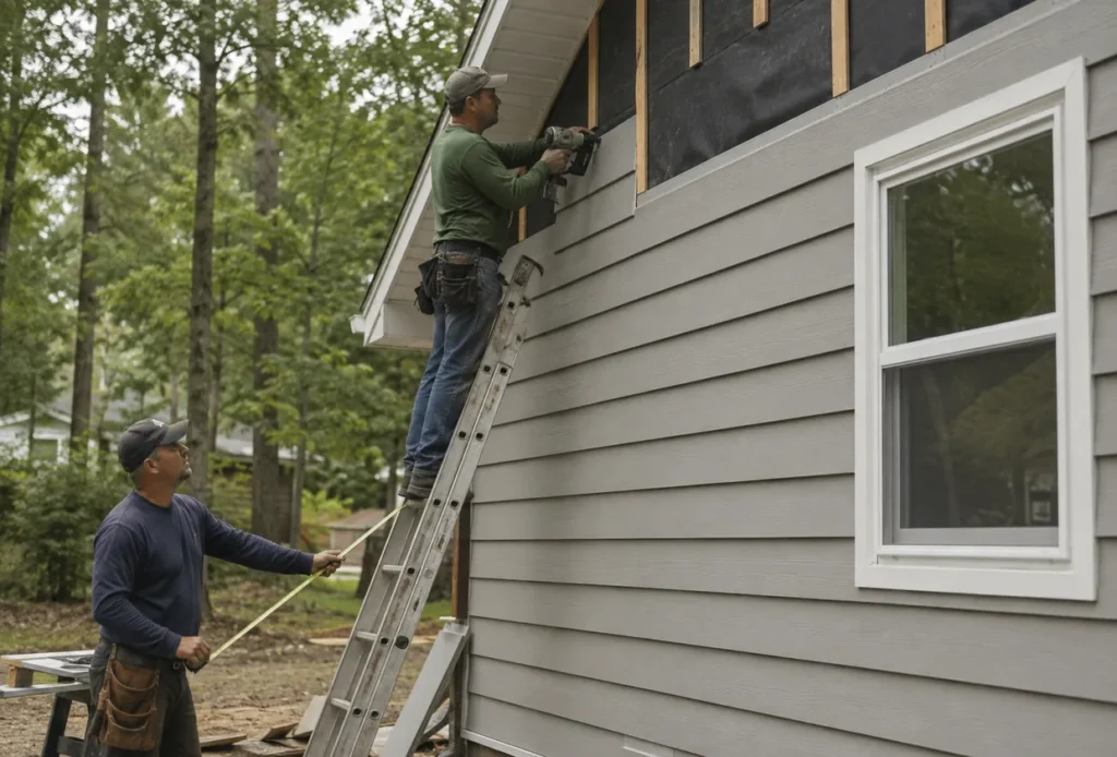 Siding Installation in Sandy - UT crew aligning new exterior panels around windows on a two-story house, Siding Installation in Spanish Fork - UT underway as installers align new exterior panels beside front windows