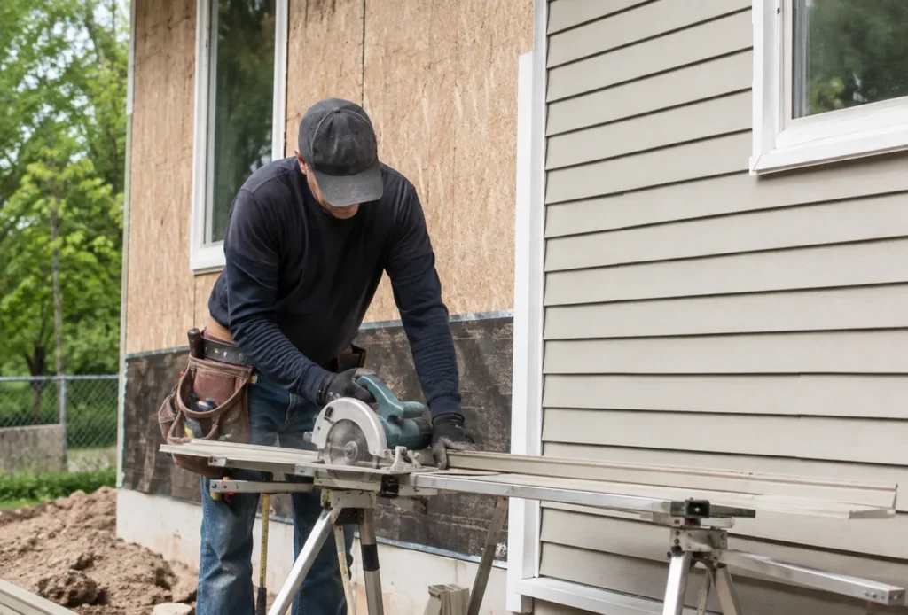 Installer checking siding installation layout on a Sandy - UT home beside flashing and corner trim, Crew performing siding installation on a Spanish Fork - UT home while checking wall lines and trim fit