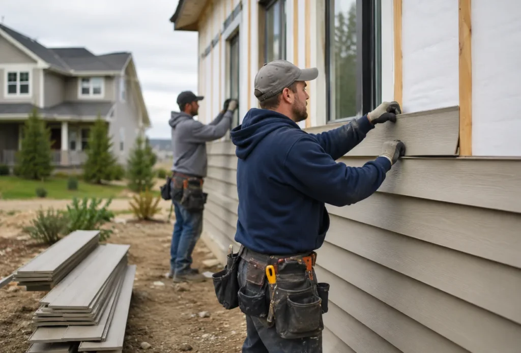 Crew performing siding installation on a South Jordan - UT home while checking trim alignment and wall preparation